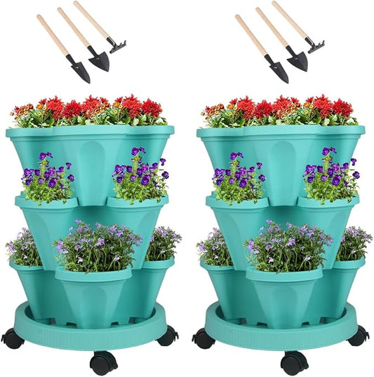 Vertical Planter 3 Tier Stackable Planters Garden Planters Strawberry Herb Flower and Vegetable Planter Indoor Outdoor Gardening Pots with Removable Wheels and Tools