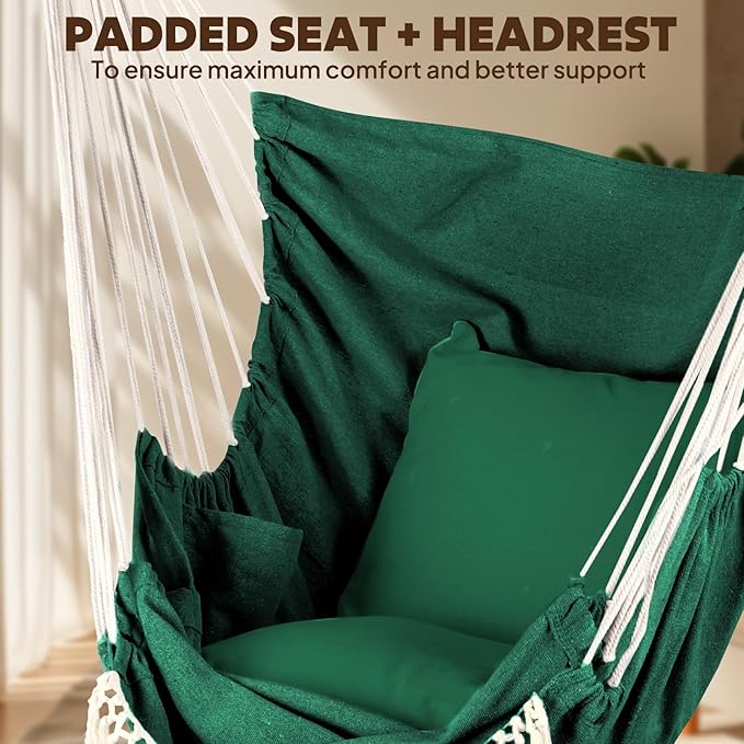 Chihee Hammock Chair Hanging Chair with Foot Rest 2 Cushions Max 500lbs Robust Metal Spreader Bar Collapsible Easy Storage Soft Cotton Swing Chair Strong Strap Iron Carabiner Side Pocket Included