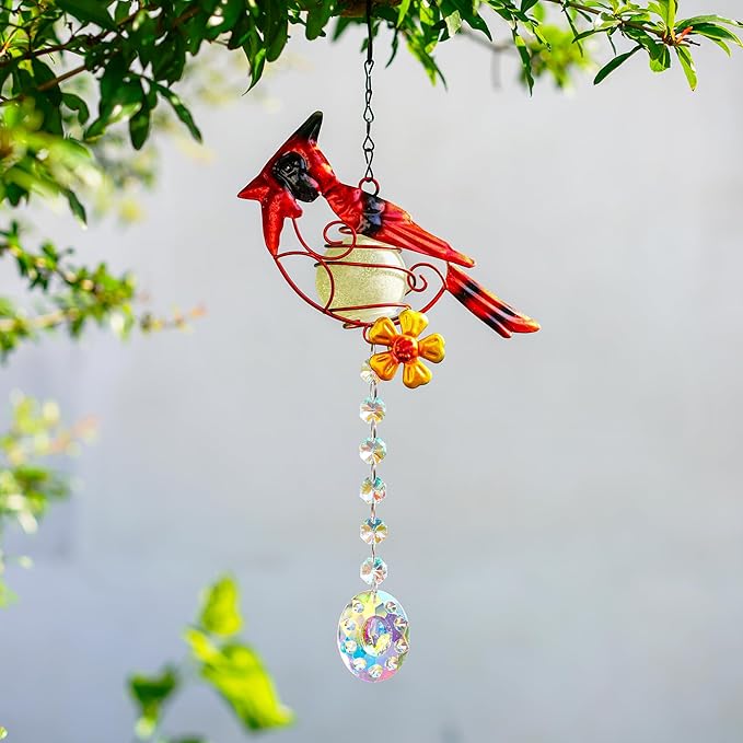 13inch Stained Metal Cardinal Birds Sun Catcher Decorative Window Hanging Ornament Crystals Prism Suncathers Red Bird for Home Garden Decor