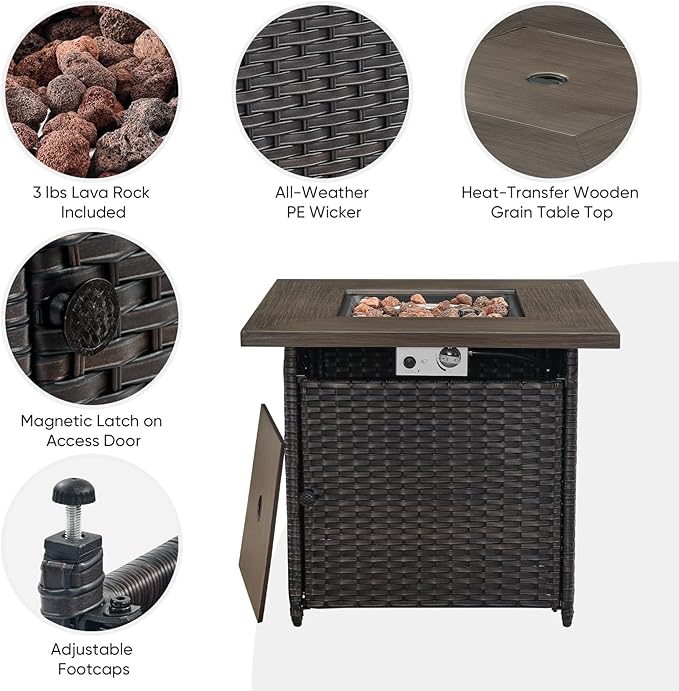 Outdoor Sectional Furniture Sofa Set with Propane Fire Pit Table, Wicker Patio Conversation Set with 2 Swivel Rocker Glider Chairs Grey Cushion Perfect for Backyard Casual Gathering