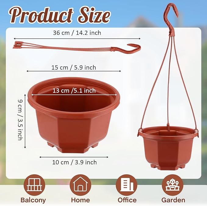 Roshtia 24 Pcs Hanging Plastic Planter Pot with Hook Flower Pots Baskets Hanging Nursery Planter Holder for Outdoor Indoor Plant Garden(Brown,6 Inch)