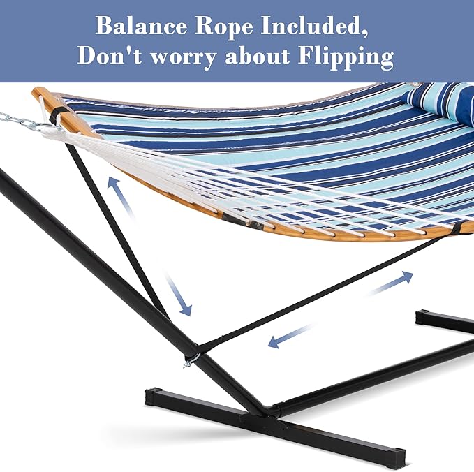 SUNCREAT Double Hammock with Stand Included, Portable Hammock with Stand and Large Pillow, Blue Stripes