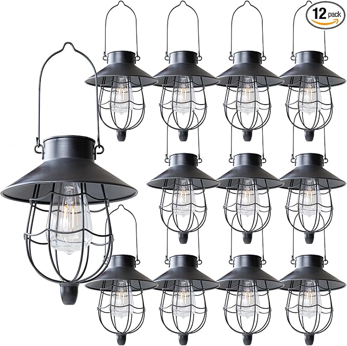 YAKii 12 Pack Solar Lantern Hanging Waterproof Outdoor Metal Solar Lamp with Warm White Light Decorate for Yard Garden Pathway Patio Porch Decor (Black)