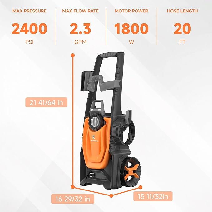 Giraffe Tools Electric Pressure Washer, 2400 PSI 2.3 GPM with 4 Quick-Connect Nozzles, 20FT Hose & Foam Cannon, Powerful Washer for Cars/Road/Driveways/Fences