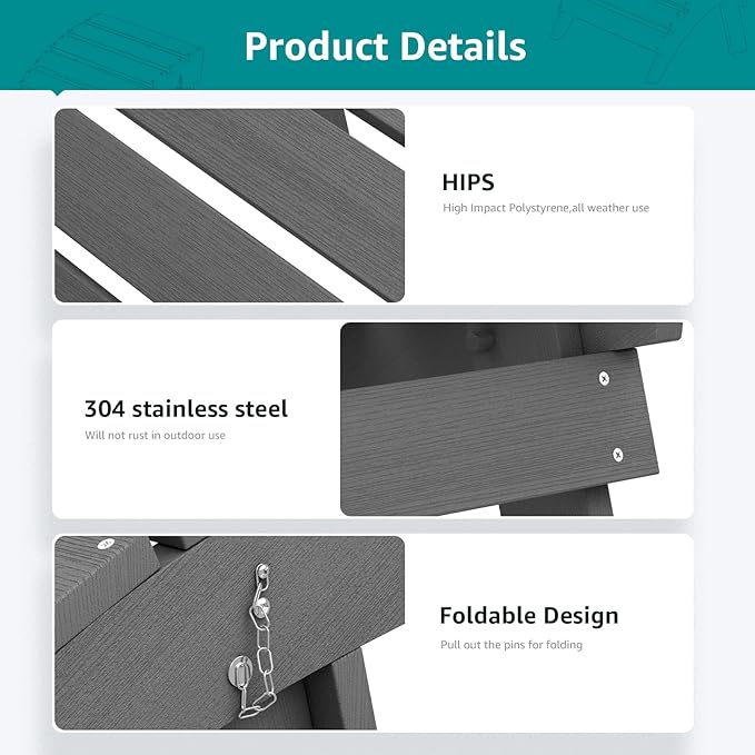 SERWALL Folding Adirondack Ottoman for Adirondack Chair, No-Assembly Weather Resistance Outdoor Footstool, High Impact Polystyrene Folding Adirondack Footrest, Gray