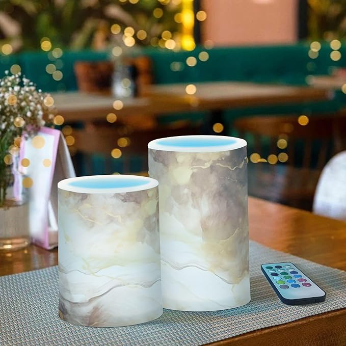 Flickering Flameless Candles, Brown White Marble LED Candles with Remote Timer, Set of 2 Battery Operated Candle for Valentine Wedding Birthday