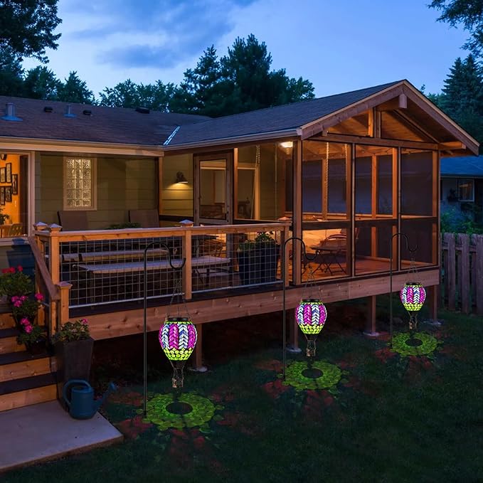 Mosaic Hot Air Balloon Solar Lanterns Outdoor Waterproof, Colorful Glass Solar Hanging Lantern Lights for Garden Patio Yard Gifts for Women Mom Grandma