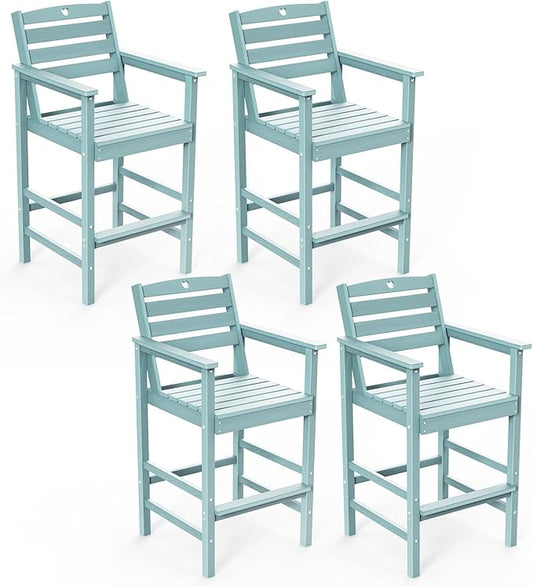 Tall Adirondack Chairs Set of 4, HDPE Wood Balcony Adirondack Chairs Set with Heart Cutout Design, Weather-Resistant Bar Height Furniture for Deck, Porch, Pool (Light Blue)