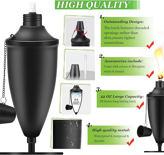 2 Pack Metal Tabletop Torches,22 oz Citronella Torches for Outside, Refillable Outdoor Flame Torch Light, Comes with Wicks and Covers, Ideal for Parties, Landscape, Garden Decor, DIY