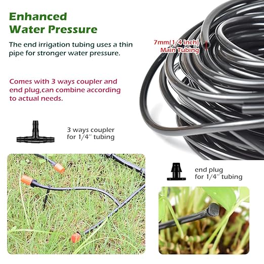 Adjustable Drip Irrigation System for Garden,Lawn Patio, Raised Beds - Automatic Irrigation Kits and Drip Emitters with 1/2" and 1/4" Irrigation Tubing (49FT + 49FT)