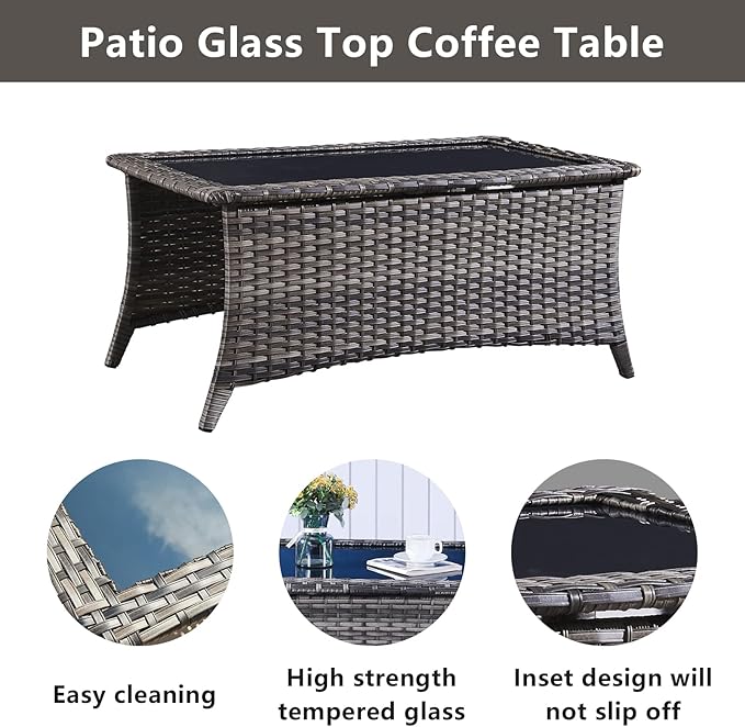 Outdoor Wicker Furniture Patio Set - 7 Piece Backyard Furniture Grey Rattan Conversation Sets with Swivel Rocker Chairs, Rattan Sofa, Club Chairs and Coffee Table, Grey Cushion