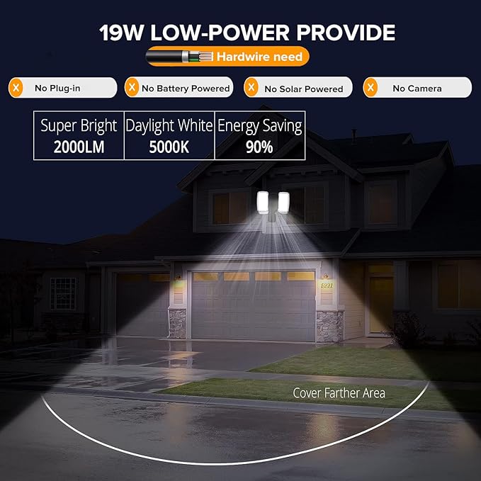 UME 2 Pack 19W LED Flood Light Motion Sensor Outdoor, 2 Adjustable Head, 2000LM, 5000K, IP65 Waterproof, Dusk to Dawn Security Light with Photocell for Exterior,Outside,Garage,House(Black)