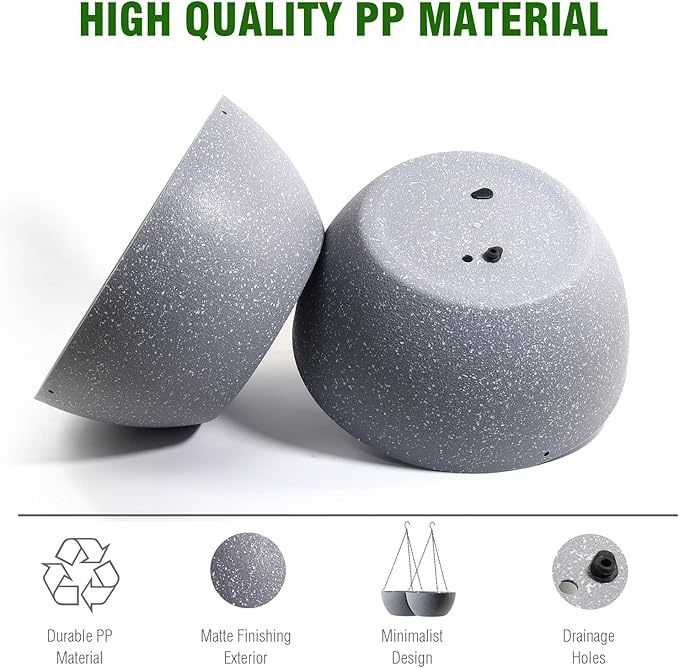 13 inch Large Hanging Planters Plant Pots for Outdoor Indoor Plants with Drainage Holes and Chain, 2 Pack Round Hanging Flower Pots for Garden Home Porch Decor, Speckled Grey