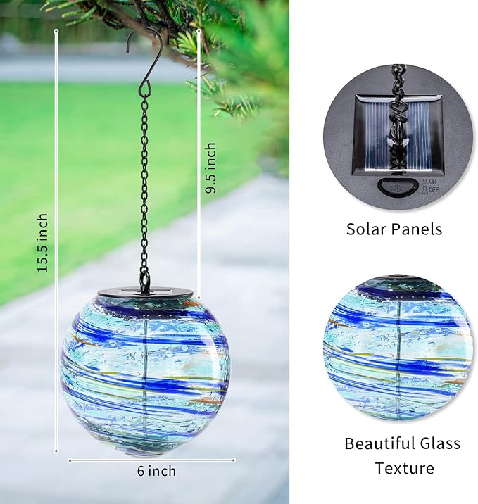VCUTEKA Solar Chandelier Outdoor, Hanging Glass Solar Light with Hook Up, Garden Lanterns Decor for Yard, Tree and Patio, Starry Blue