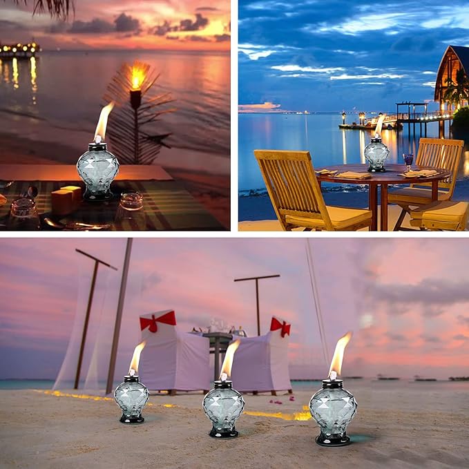 Tewei 4 Pack Grey Table Top Light Torches Outdoor, Mini Glass Torches Lanterns for Outside, Easy to Refill Citronella Torches for Garden Patio Yard Party