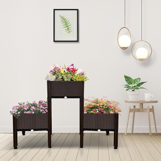 MAYOLIAH Raised Garden Bed with Drainage Elevated Planter Box Plastic Raised Beds for Gardening Vegetables Herb Flowers, Perfect for Indoor Outdoor Planting, 3 Boxes Brown