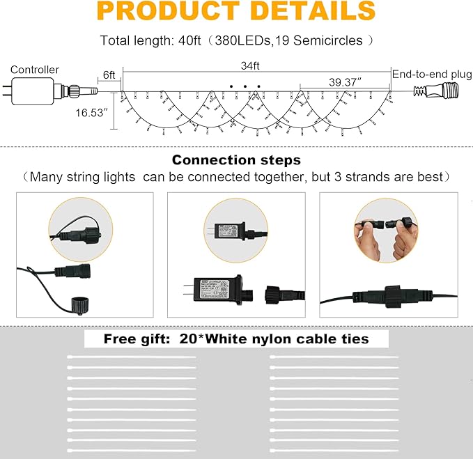 DDMY Christmas Lights Outdoor 34Ft 380 LED Christmas Half-Round String Lights Extendable Plug in 8 Modes Christmas Decoration for Holiday Party Bedroom Garden Patio Outdoor Indoor