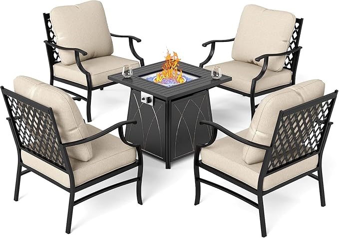Patio Furniture Set with Fire Pit Table, 5 Pcs Metal Outdoor Conversation Set, 4 Single Chairs with 5.75" Extra Thick Cushion and 28" Fire Pit Table for Backyard Deck, Beige