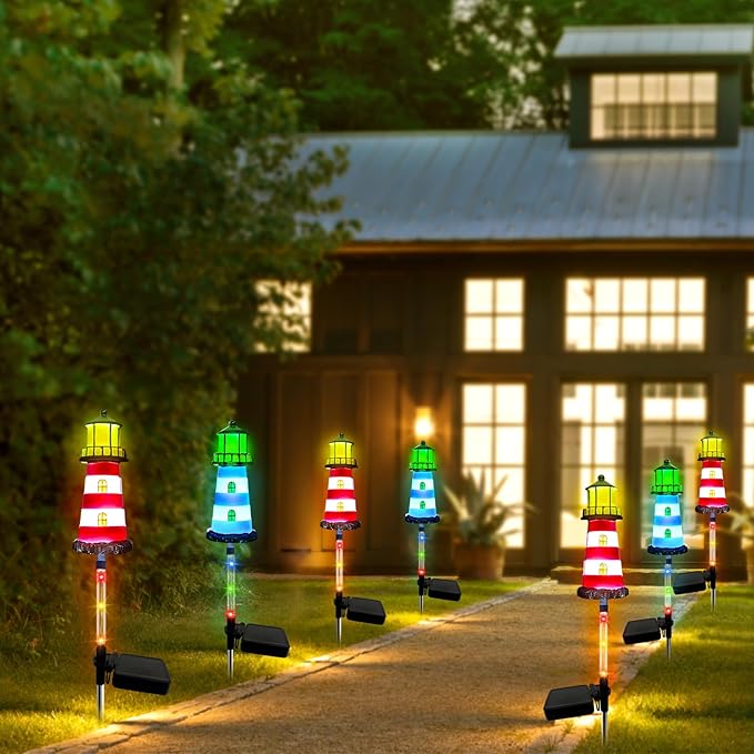 Solar Lights Outdoor Waterproof,2 PCS Lighthouse Solar Outdoor Lights,IP65 Waterproof Pathway Transparent Tube Lighthouse with 7 Color Gradients, for Your Home Patio Walkway Lawn Decor