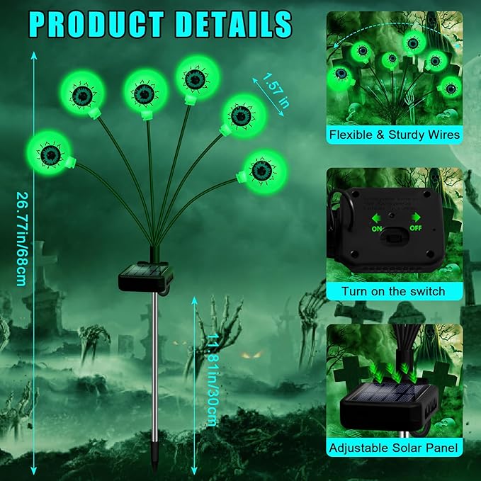 Solar Halloween Decorations, 4 Pack 24 LED Spooky Eyeball Lights, Green Eyeball Swaying Firefly Lights,Waterproof Solar Halloween Path Lights for Yard Garden Lawn Party Decor