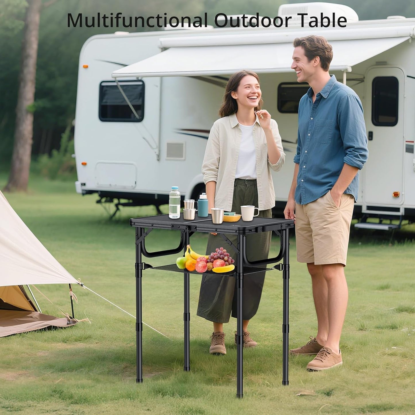 Folding Camping Table with Storage Net, Pure Black Aluminum 2ft Picnic Table 23.2" x 16" Outdoor Table Adjustable Height Max 27.5", Lightweight, Waterproof, Portable Handle for Travel Cooking
