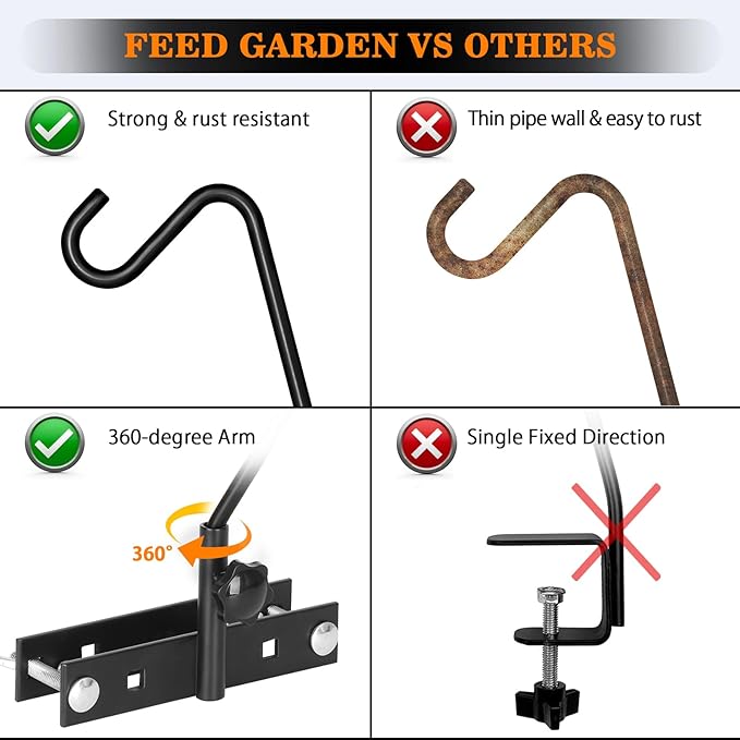 FEED GARDEN Upgraded 2 Pack 13.5 Inch Deck Hooks for Railing, Adjustable Deck Hangers, 360 Degree Swivel, for Hang Humming Bird Feeders,Lanterns, Wind Chimes, Flower Basket and Suet Baskets