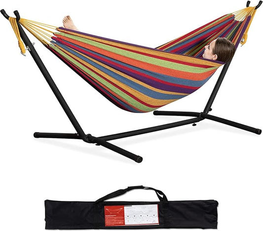 PNAEUT Double Hammocks with Stand for Outside, Portable Space Saving Heavy-Duty Steel Stand for Indoor Outdoor Patio with Carrying Bag, 450 lbs Capacity (Tropical)