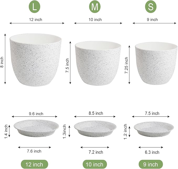 12/10/9 Large Modern Plant Pots, Plastic Planters with Drainage Holes and Saucers for Indoor Outdoor Plants Flowers, White Speckles