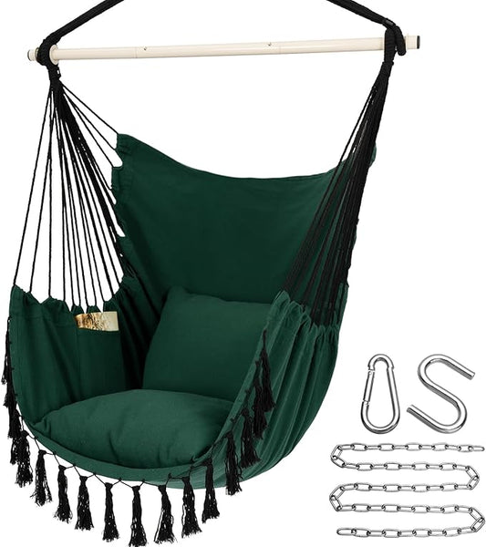 Y- STOP Hammock Chair Hanging Rope Swing, Max 500 Lbs, 2 Cushions Included, Large Macrame Hanging Chair with Pocket for Superior Comfort, with Hardware Kit, Green