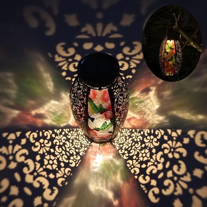 Solar Lanterns Outdoor Light - Solar Powered LED Hummingbird Glass Lights Decorative Waterproof Tabletop Lamp with Hollowed-Out Design for Indoor Yard Table Patio Garden Pathway Holiday