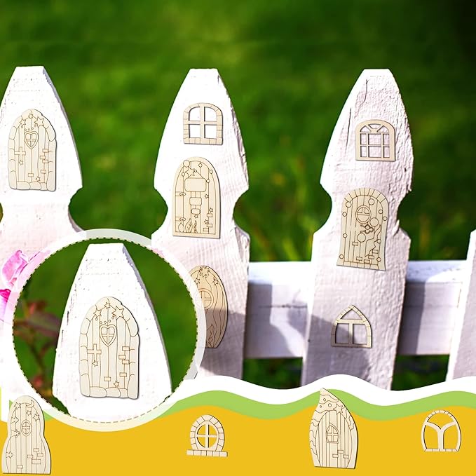 64 Pcs Fairy Door Mini Wooden Garden Doors Unfinished DIY Craft Fairy House Kit Unpainted Wood Miniature Door Blank Fairy House Doors and Windows for Home Office Wedding Party Decoration Accessories
