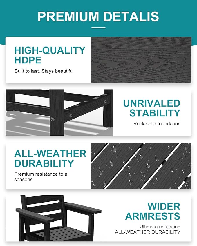 Patio Dining Set for 4 with Umbrella Hole - 66" Outdoor Table & 4 Chairs, All-Weather HDPE Outdoor Furniture for Lawn, Garden, Backyard, Poolside, Black
