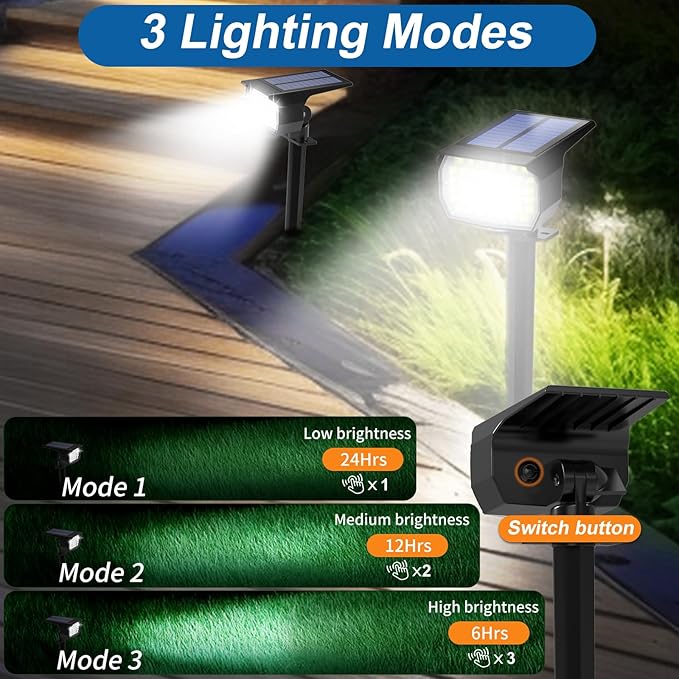 Solar Spot Lights Outdoor Waterproof IP65, 2 Pack Landscape Spotlights with 46 LEDs, 3 Modes Auto On/Off Solar Powered Flood Lights for Outside Pathway, Yard, Garden, Walkway (Cool White)