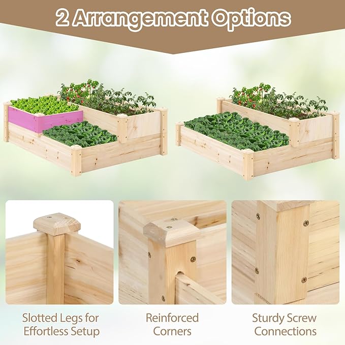 HAPPYGRILL 3-Tier Raised Garden Bed, Wood Elevated Planter Box w/Open-Ended Base, 3 Planting Depths& 2 Arrangement Options for Yard Lawn, Outdoor Planter Raised Beds for Vegetables Herbs Fruits