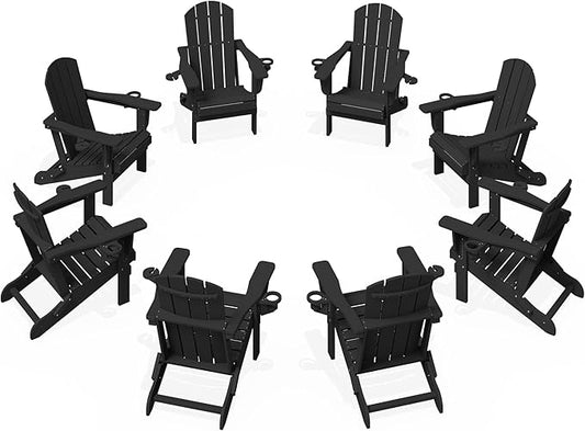 KINGYES Folding Adirondack Chair Set of 8, Dual Cup Holders & All-Weather HDPE, Wood-Like Patio Chair for Backyard, Camping, Pool & Fire Pit, Black
