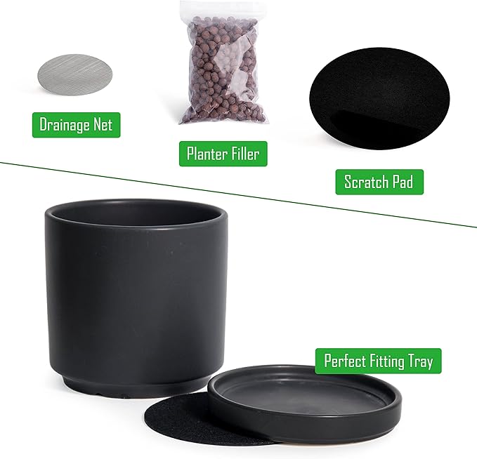 D'vine Dev Ceramic Planter Pot with Drainage Hole and Saucer, Indoor Cylinder Round Flower Pot, 4.6 Inch, Black, 94-O-B-2