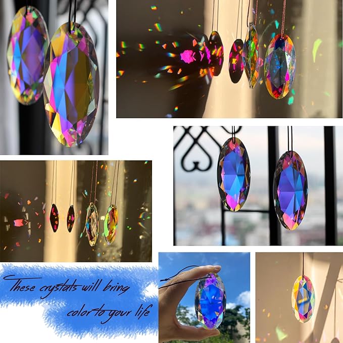2PCS Simple Geometry Crystal Sun Catcher Prisms, STINO Hanging Suncatchers with Glass Prism, Rainbow Maker for Windows, Balcony, Kitchen, Garden Decoration (1, Oval Eye 2Pcs)