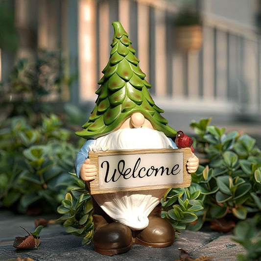 Garden Gnome Statue with Solar Lights, 13.5” Welcome Sign Gnome Outdoor Decor for Yard Lawn Patio, Funny Resin Gnome Sculptures, Gifts for Women Mom Grandma,Garden Decor Ornament
