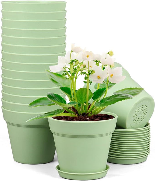 6 inch Plastic Nursery Pots, Seedling Pots, 16 Pack Plant Pots for Small Indoor Outdoor Plants, Flower Pots with Drainage Holes and Saucers, Decorative Planters for House Plants, Green