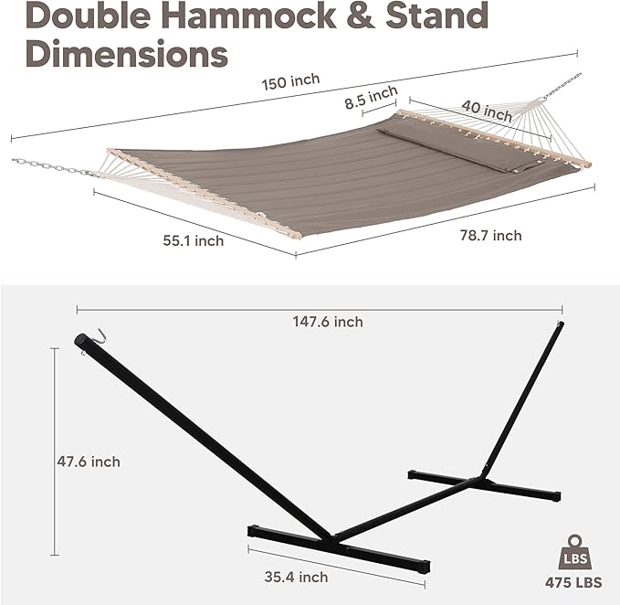 SUNCREAT 55 Inch Extra Large Double Hammock with 12 ft Stand, 475lbs Capacity, Outdoor Portable Hammock with Hardwood Spreader Bar, Extra Large Pillow, Brown