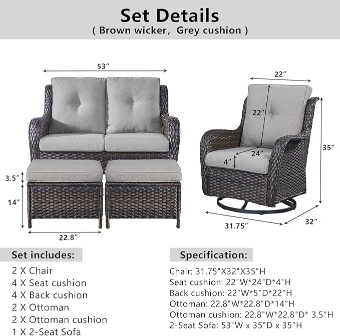 5 Piece Outdoor Patio Furniture Set - Wicker Furniture Patio Conversation Set, Outdoor Swivel Rocker Chairs with Loveseat Sofa and 2 Ottomans for Small Space, Gray Cushion