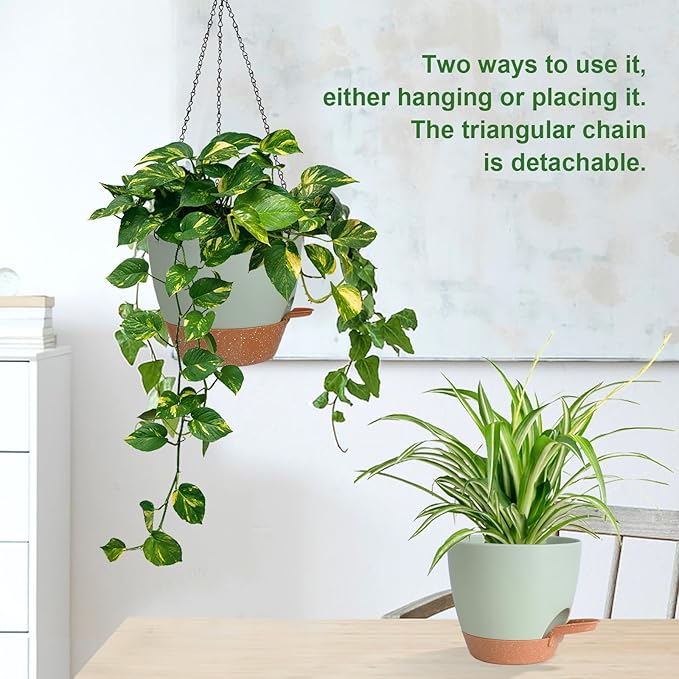 3 Pack Hanging Planter Indoor Outdoor Flower Pots 7/6.5/5 Inch, Self-Watering Hanging Pot with Drainage Holes Hanging Baskets Holder Plant Pots for Garden (Green)