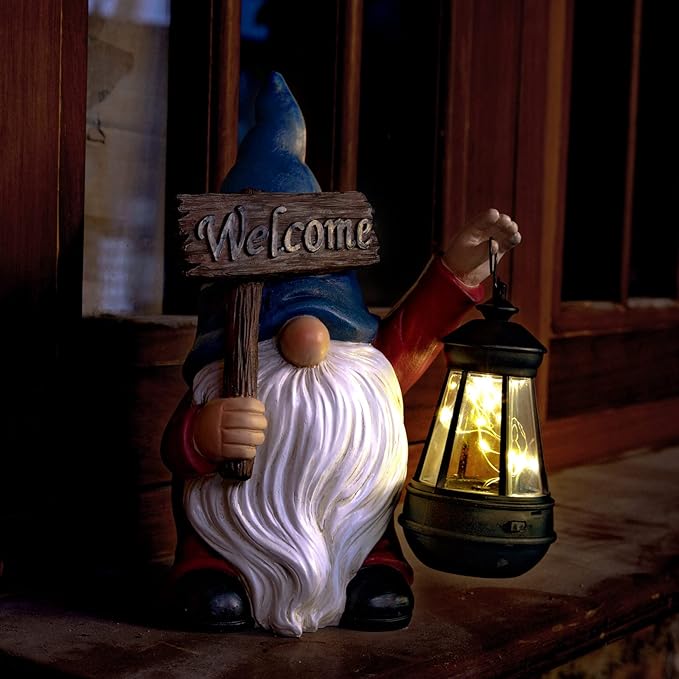 Garden Gnome Outdoor Decoration Solar Gnomes Statue with Lantern LED Lights,Terrace Courtyard Lawn Patio Porch Decoration Christmas Housewarming Gift for Woman Mom, Gnome Blue