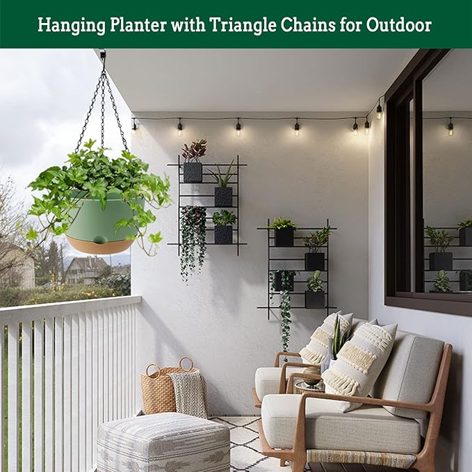 Hanging Planter Self Watering 10 Inch, 2 Pack Indoor Outdoor Hanging Baskets, Hanging Flower Pots with Drainage Hole & 2 Kinds of Plant Hangers for Garden Home Decor(Green)…