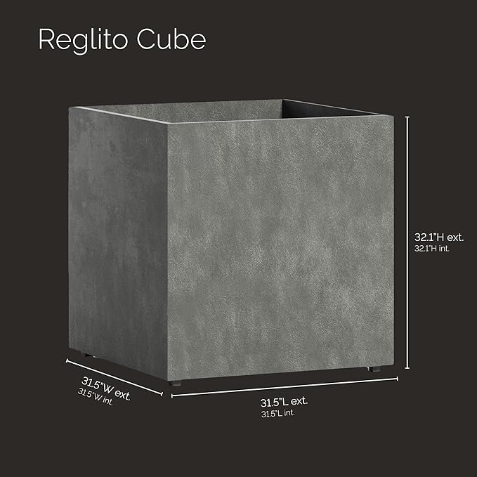 Reglito Cube Planter – Fiberglass Indoor/Outdoor and Weather-Resistant Large Planter (Grey Stone, 31.5" L x 31.5" W x 32.1" H)
