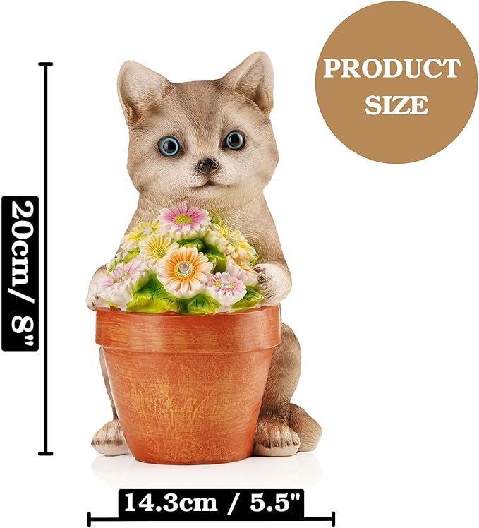 Muldale Cat Solar Light - Cat Garden Statue Outdoor - Solar Powered Cat Garden Decor for Outside - Hand Painted Floral Plant Pot Light Up Cat