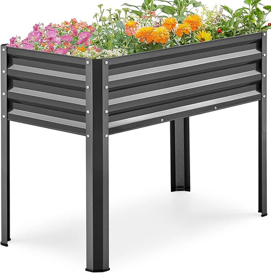 KING BIRD Raised Garden Bed with Legs Galvanized Elevated Planter Box for Backyard, Patio, Balcony, 33.9x17.7x31.5in, Dark Grey