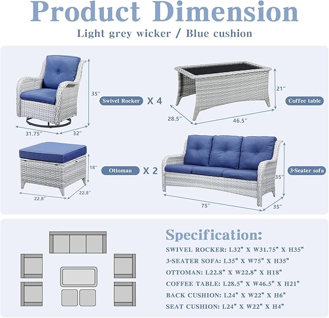 Wicker Patio Furniture Sets - 8 Piece Outdoor Rattan Furniture Conversation Sets with 4 Swivel Rocker Chairs, Rattan Sofa, Wicker Ottomans and Coffee Table, Light Grey/Blue