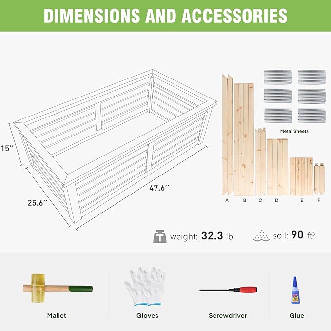Wood Raised Garden Bed Outdoor Plant Box Planters for Outdoor 4X2X1.2 FT Plants with Galvanized Metal for Herbs Vegetables Flowers Great Patio Deck Balcony
