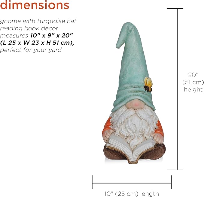Alpine Corporation MCC844 Indoor/Outdoor Gnome Reading a Book Garden Statue, Charming Gnome Statue with Hat, 20" H, Turquoise